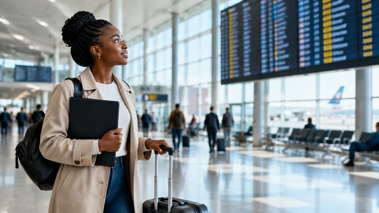 Scholar at an airport departure hall with a suitcase