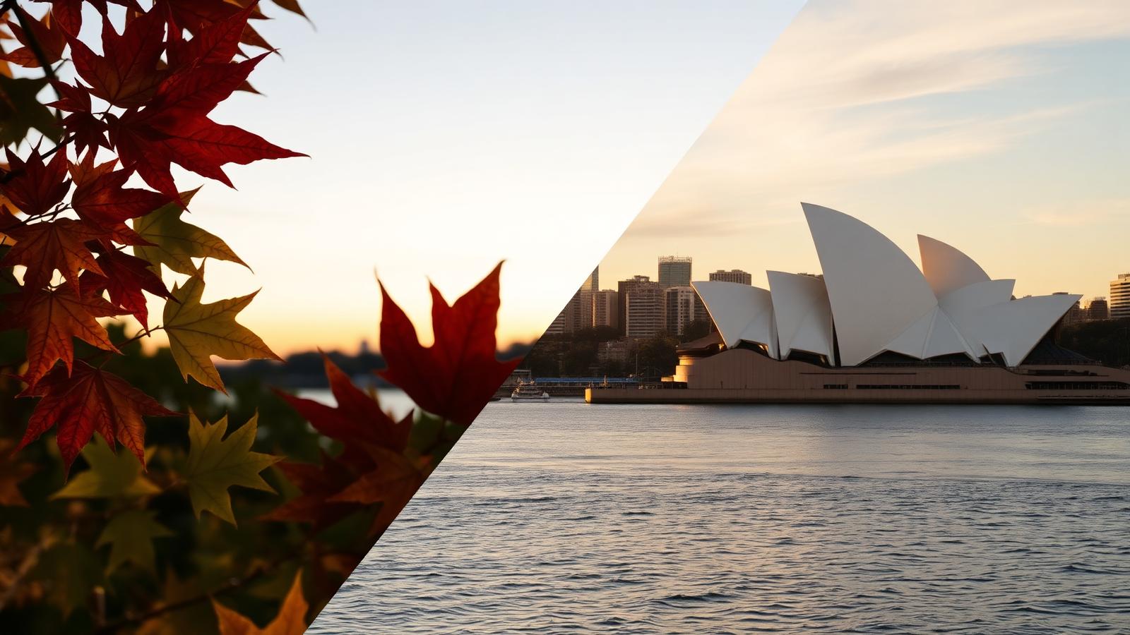 Split image of Canadian autumn maple leaves on the left and the Sydney Opera House harbour on the right