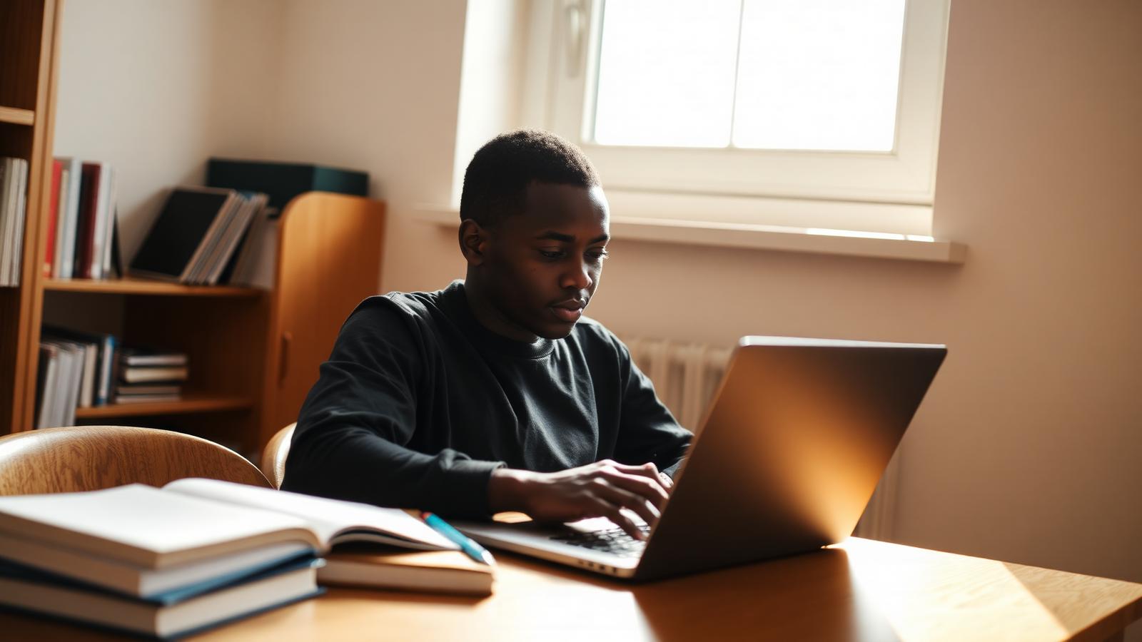 African graduate student composing a cold email to a PhD supervisor at a laptop, with books and a notepad nearby