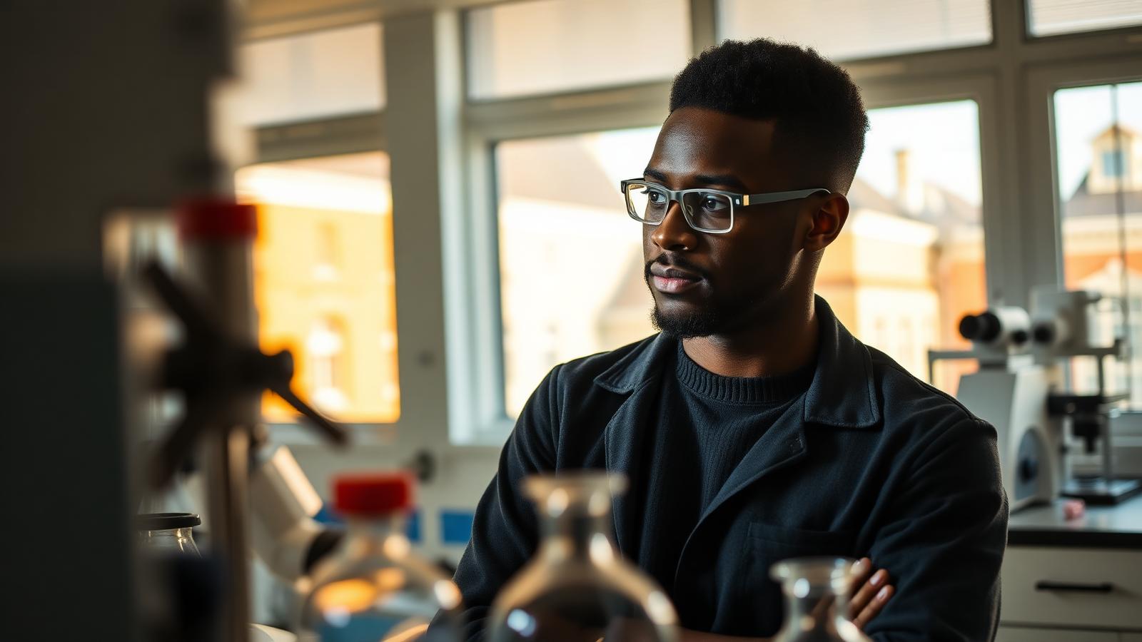 African doctoral researcher in a modern European university laboratory, with historic university architecture visible through the window