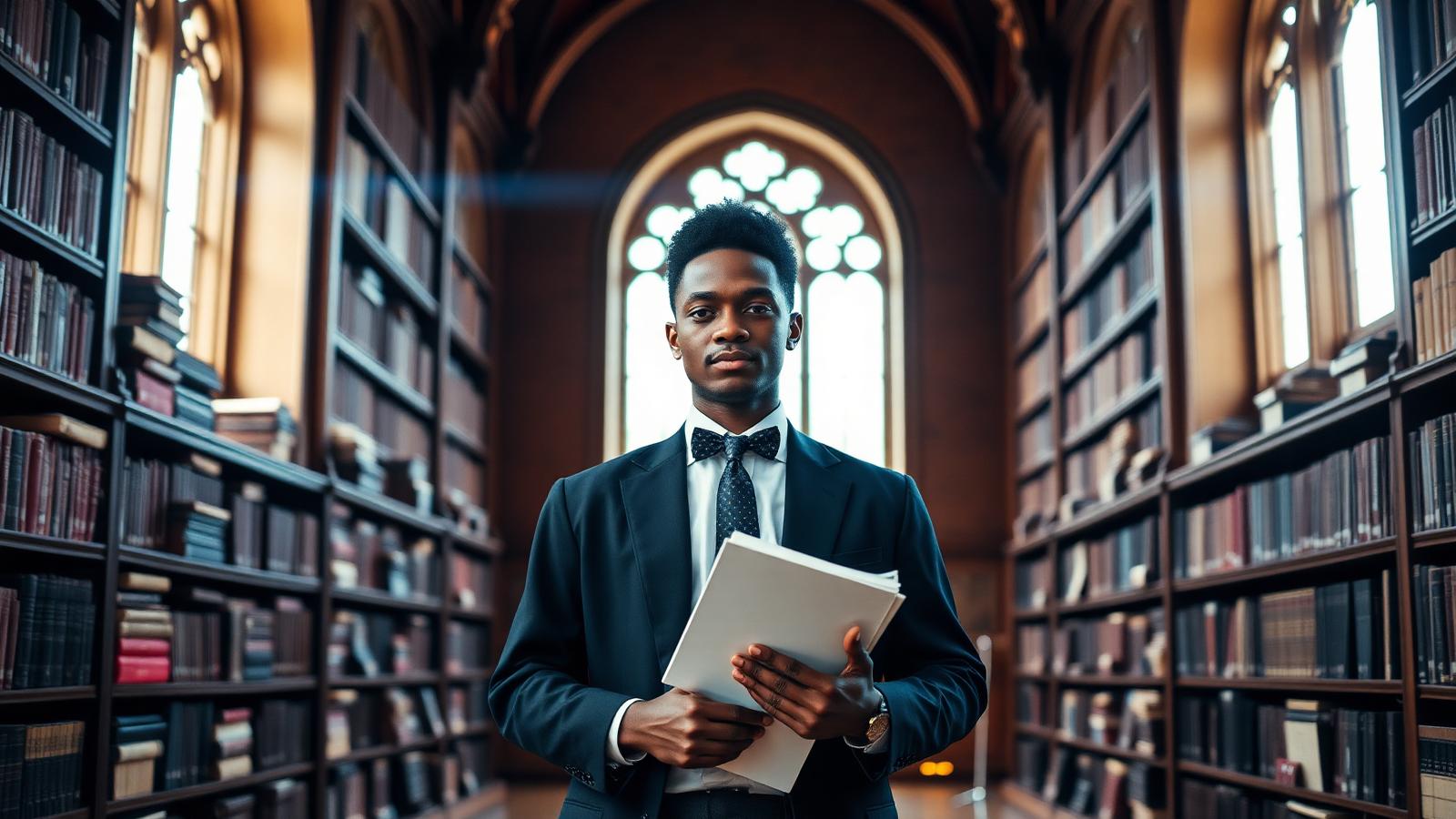 African PhD candidate in a grand university library holding a research thesis