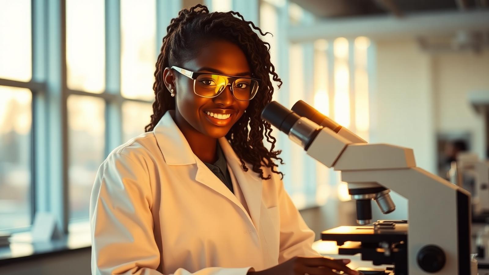 Young African postdoctoral researcher at a microscope in a sunlit university laboratory