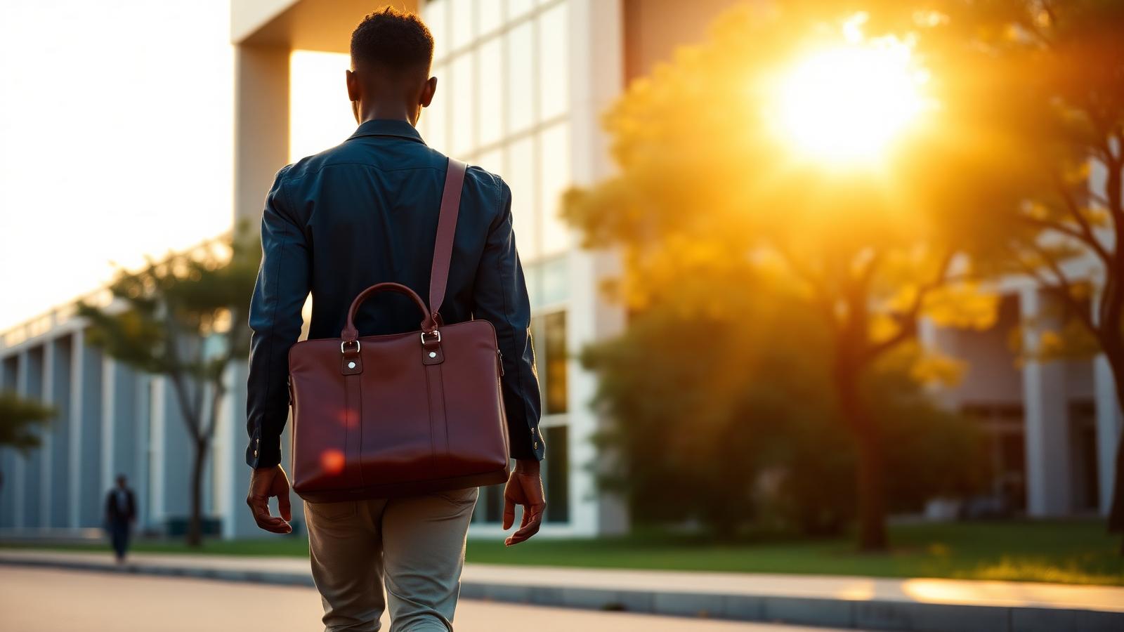 African researcher walking through an African university campus at golden hour with academic buildings in the background