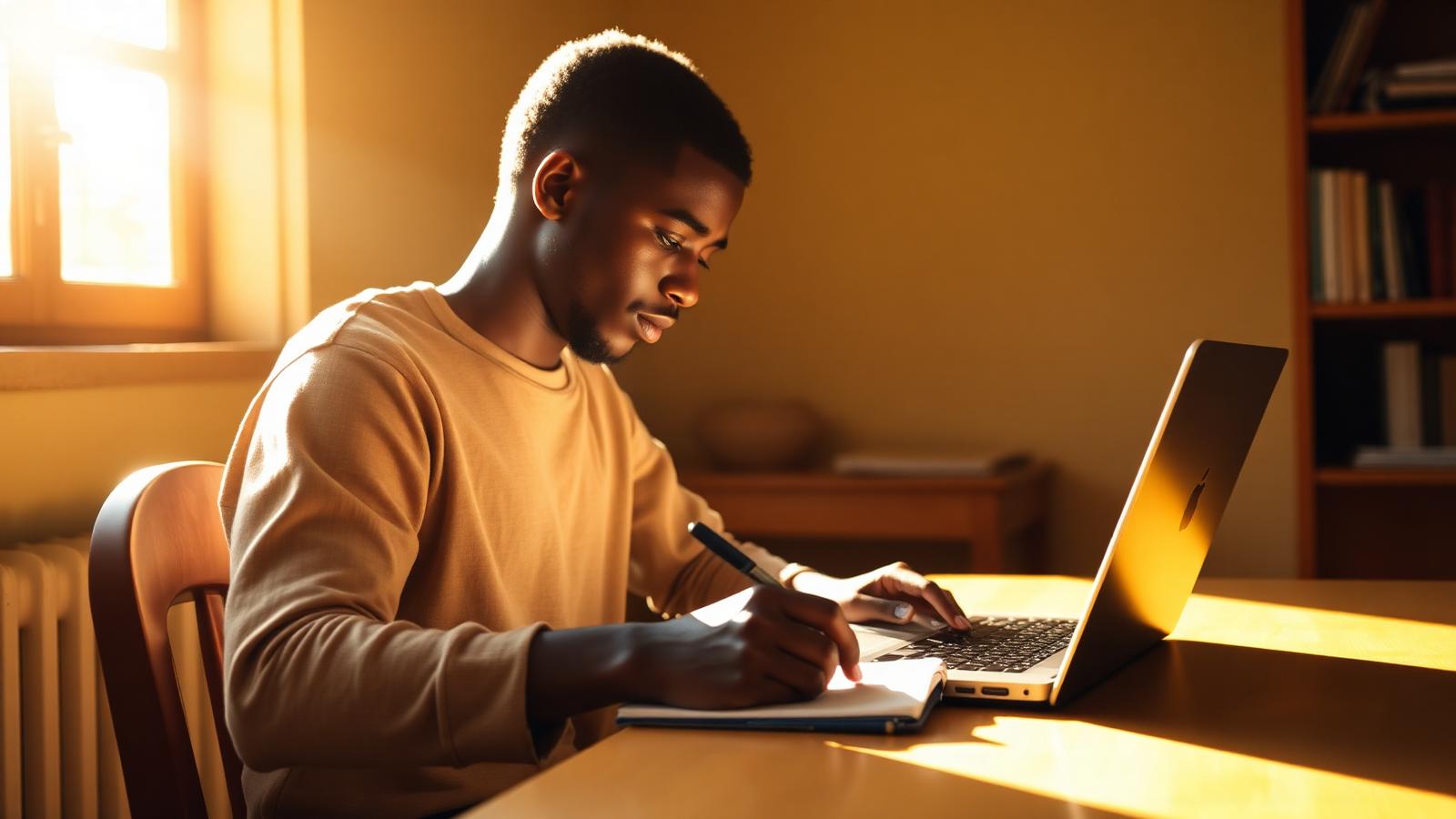 An African student writing a scholarship essay in a notebook at a sunlit desk