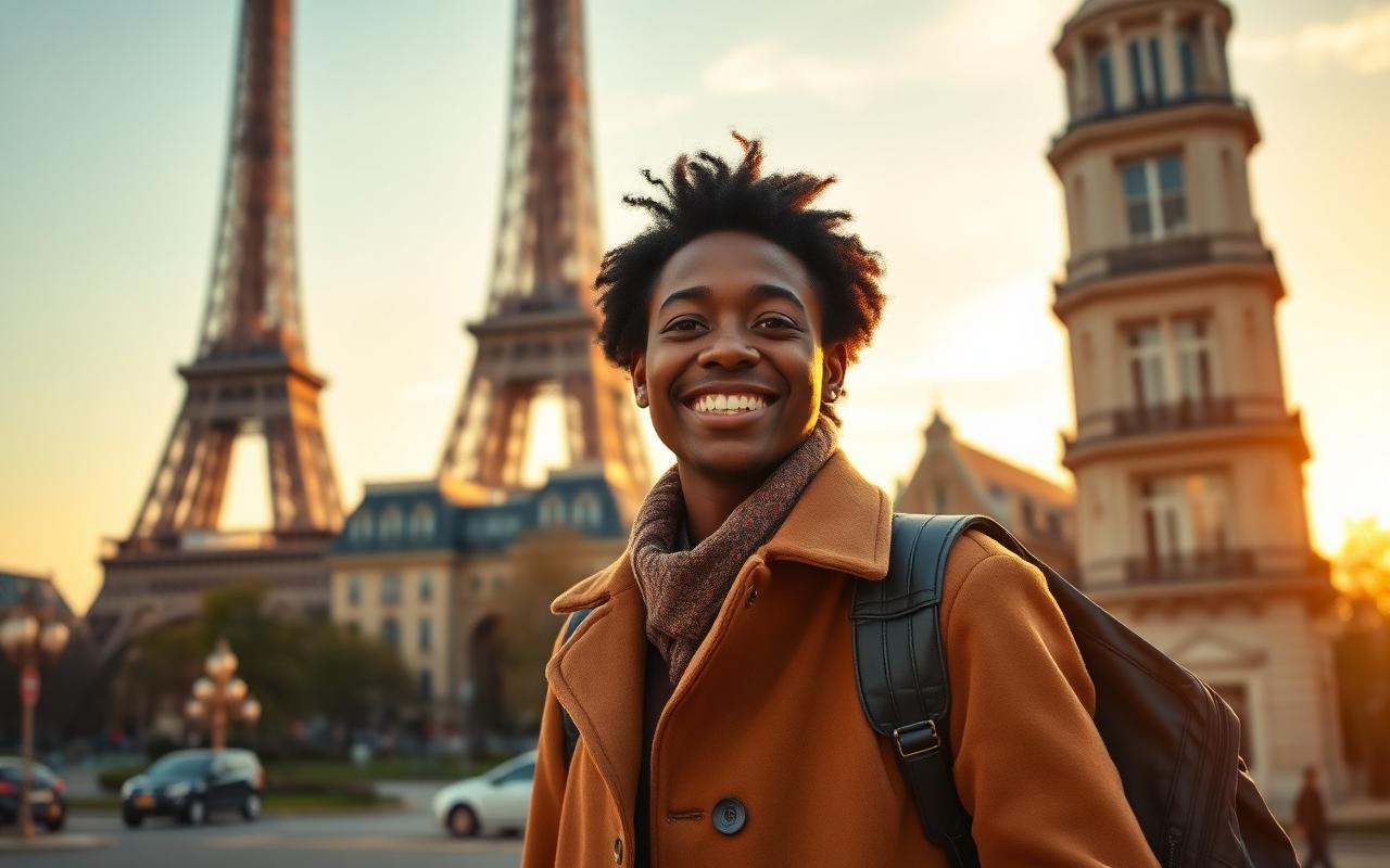 Smiling young African student near the Eiffel Tower in Paris at golden hour