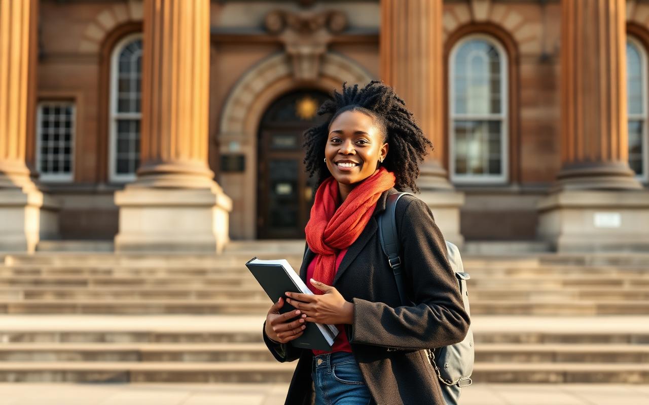 Young African woman university student standing in front of Trinity College Dublin