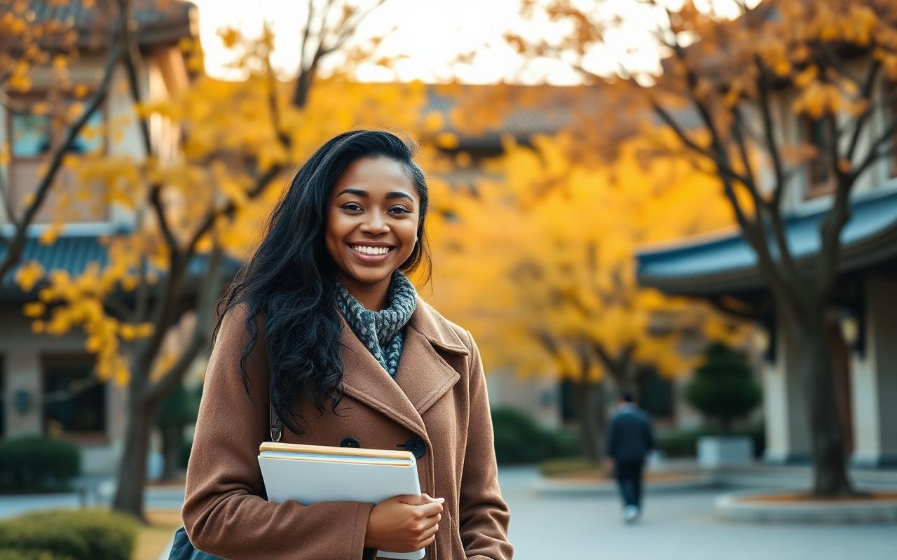 Young African woman university student on a Seoul university campus with autumn ginkgo trees