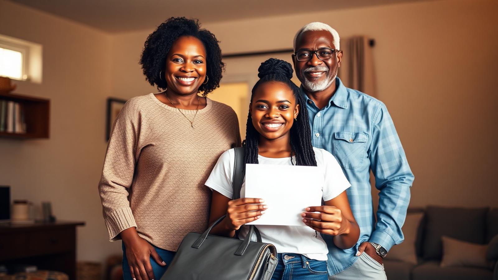 African parents proudly standing with their daughter holding a university acceptance letter
